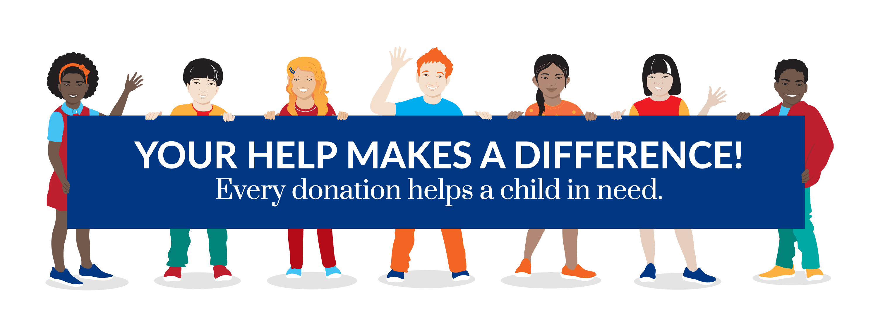 A cartoon illustration showing a group of children holding a banner promoting donations to the home for children.